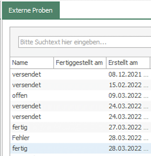 Externe Labore Proben Status